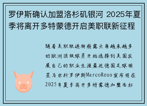 罗伊斯确认加盟洛杉矶银河 2025年夏季将离开多特蒙德开启美职联新征程